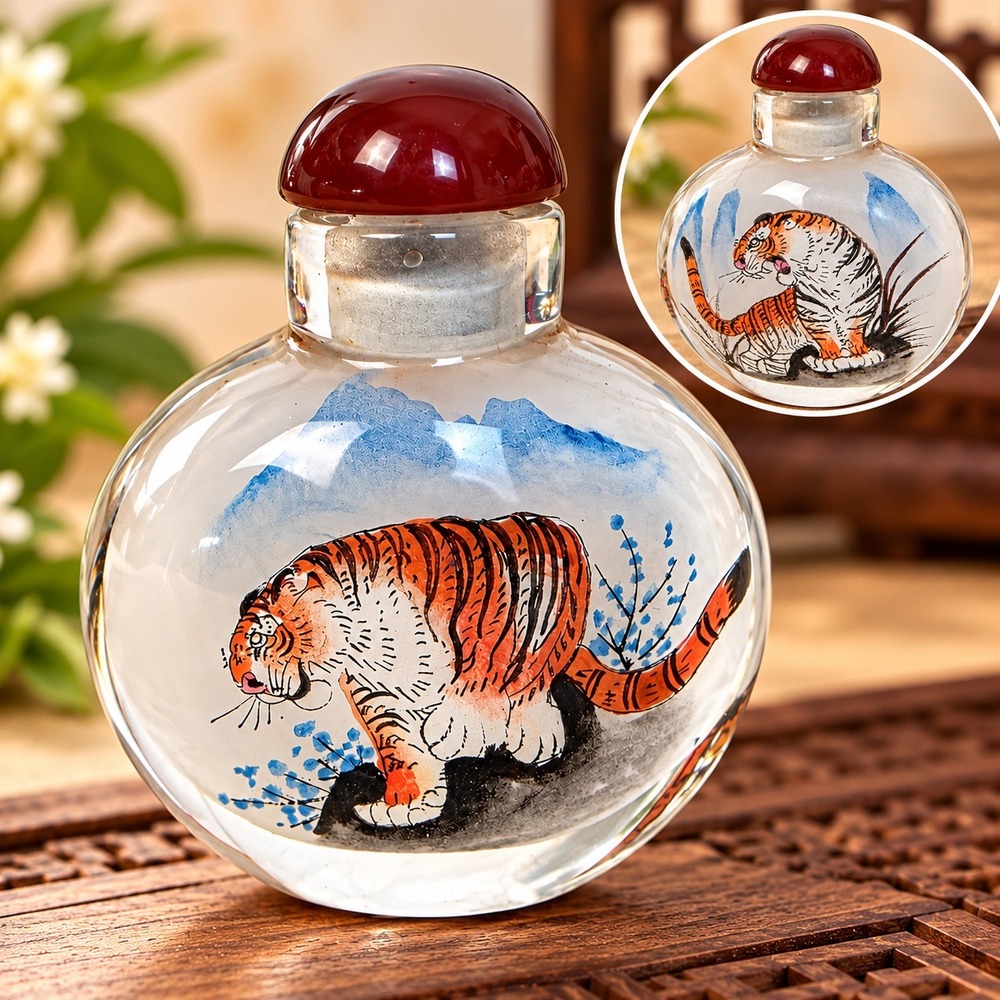 Vintage Chinese Snuff Bottle Hand Painted Inside Glass Tiger Motif Red Stopper